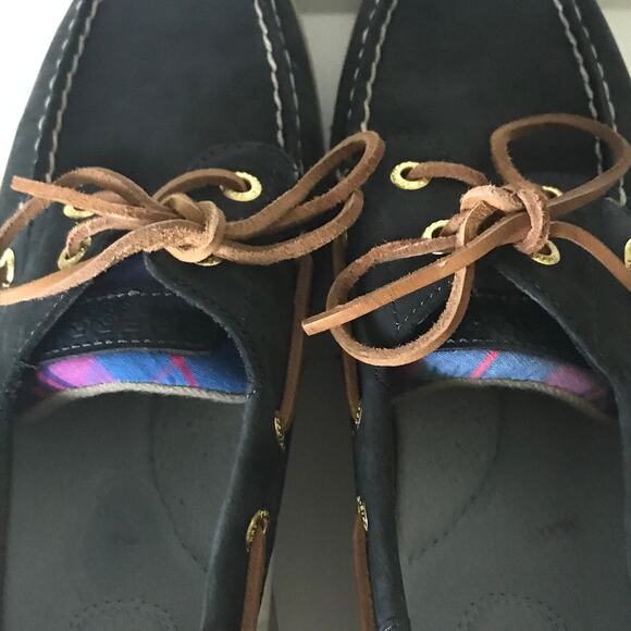 Sperry Top Siders Size 8.5 M Womens Leather Madras Plaid Navy Blue - Picture 5 of 10